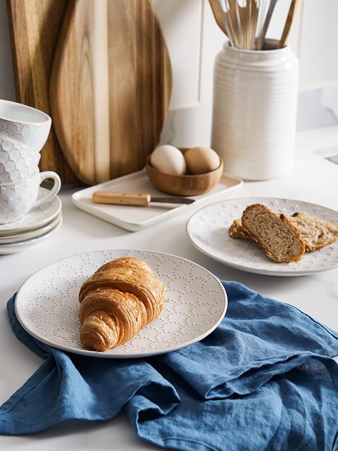 LE TAUCI Plates and Bowls Sets for 4, 12 Piece Ceramic Dinnerware Sets, Modern Stoneware Kitchen Dish Set, Chip Resistant, Microwave & Dishwasher Safe, Embossed, Arctic White