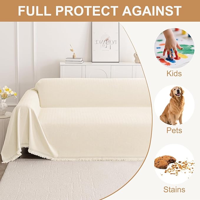 Smiry Couch Cover for Dogs, Washable Chenille Sofa Covers for 3 Cushion Couch, Soft Sofa Slipcover for Pets, Thick Sectional Furniture Protector with Tassels (Beige, 71x91 Inch)