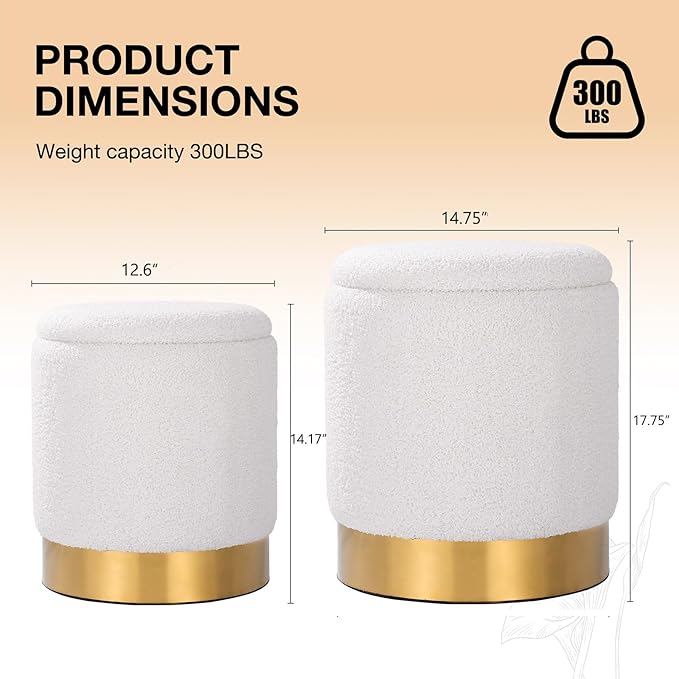 YYW HOME Sherpa Round Ottoman Set of 2 with Storage, 12 Gallon Hidden Storage, Multi-Functional Footrest Stool, Vanity Seat, Coffee Table, No Assembly Required, Holds 300lbs, Teddy White