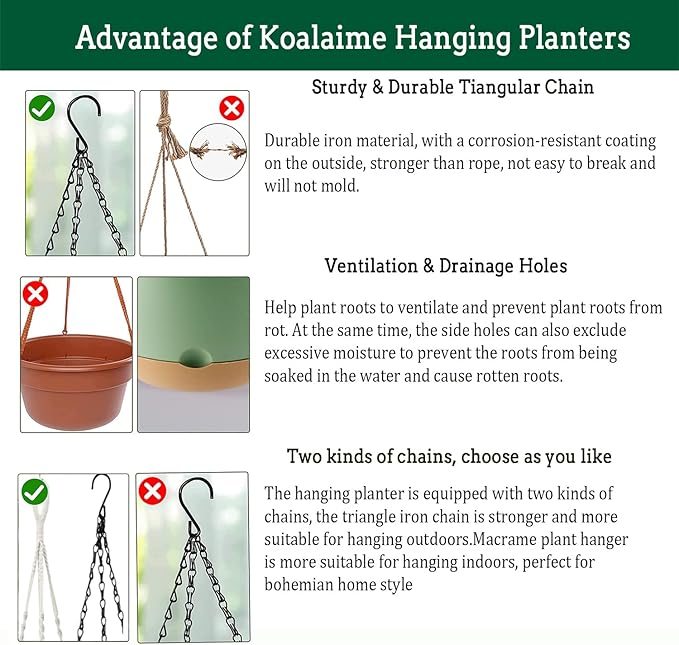 Koalaime Hanging Planter Self Watering 10 Inch, 2 Pack Indoor Outdoor Hanging Baskets, Hanging Flower Pots with Drainage Hole & 2 Kinds of Plant Hangers for Garden Home Decor(Green)…