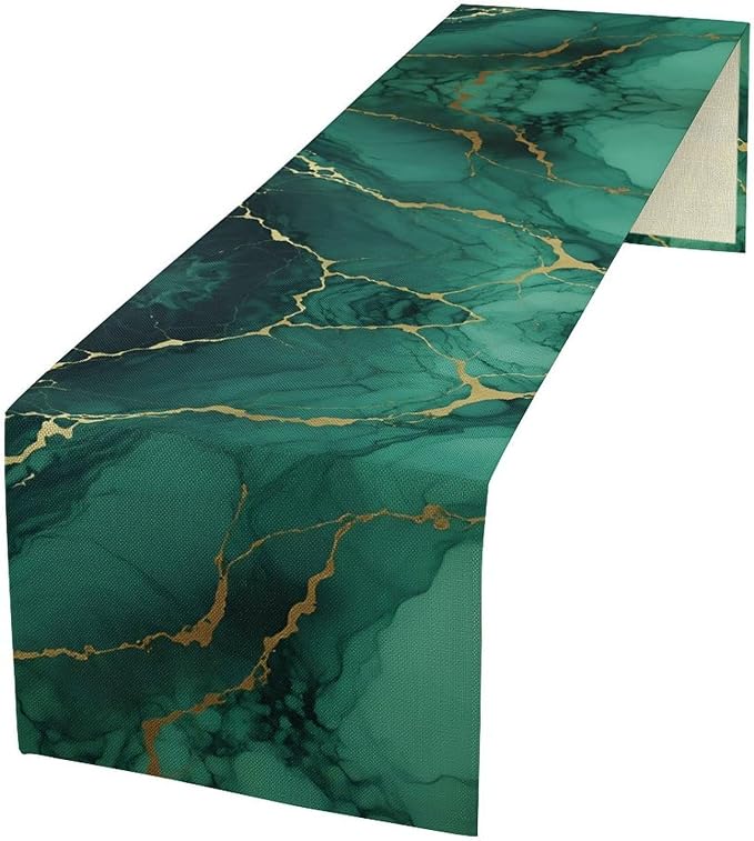 Luxurious Teal Marble Table Runner, Dark Green Gold Textured Art Accent Table Runner for Kitchen Dining Cafe Party Home Decor, 13x120 Inch