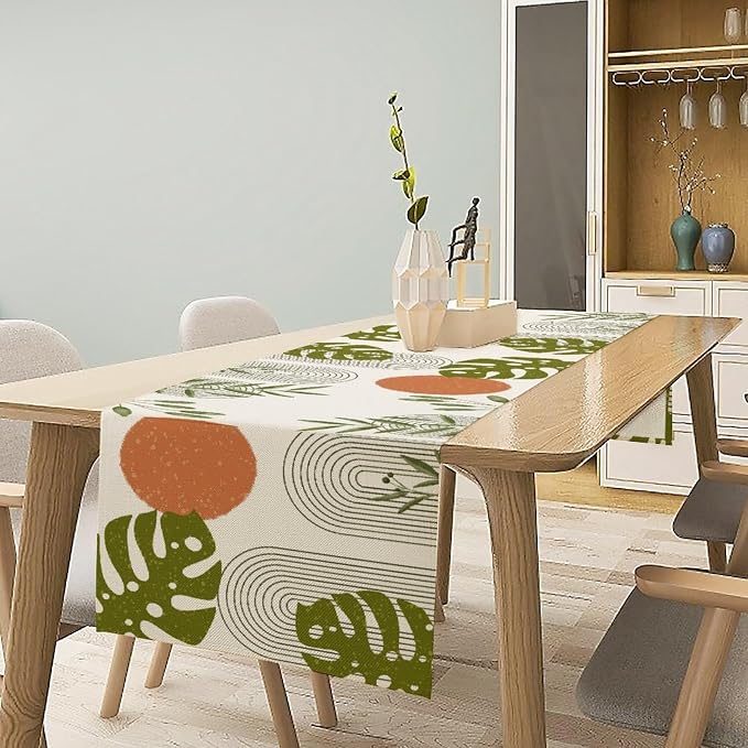 YCness Mid Century Green Boho Table Runner Summer Abstract Modern Palm Tree Table Runner for Party Kitchen Living Room Bedroom Plant Botanical Minimalist Leaf, 13x90 Inch