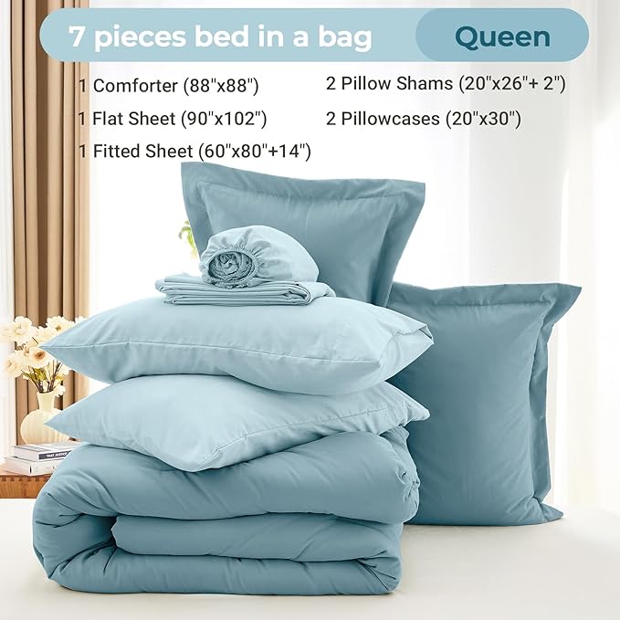 MUXHOMO 7 Pieces Queen Comforter Set, Soft Bed in a Bag Queen Size, All Season Bedding Set with Comforter, Flat Sheet, Fitted Sheet, Pillowcases & Shams, Mineral Blue & Light Blue