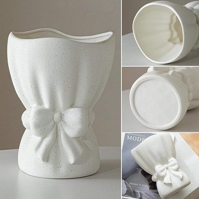 Lvases Bow Knot Ceramic Flower Vase, Textured Frosted Speckled White Minimalist Vases for Home Decor Bedroom Living Room Table Centerpiece