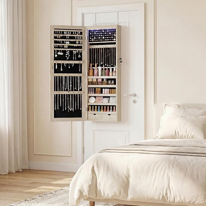 Sweetcrispy Jewelry Organizers and Storage, Wall/Door Mounted Jewelry Armoire with Mirror, 47.2" Tall Mirror with Storage, Automatic 6 LED Lights, Lockable, 2 Drawers, Khaki