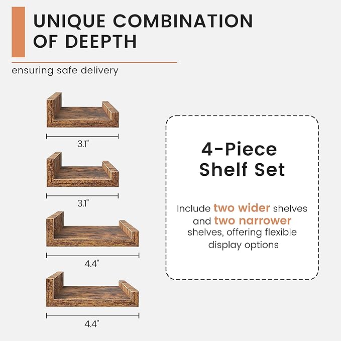 FLYJOE Floating Picture Ledge Shelves for Wall Set of 4, 48 Inch Wall Shelves with Lip Long Large Nursery Book Shelf for Toys Storage Kids Bookshelf Wall Mounted Living Room Bedroom Decor Frames