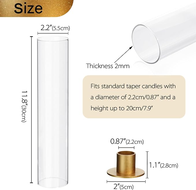 Vixdonos Glass Hurricane Candle Holder with Metal Candle Stand Set of 6 Modern Taper Candlestick Holders 11.8 inch Tall Candleholder for Wedding Party Table Centerpiece Outdoor