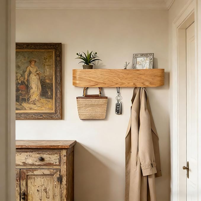 Wooden Coat Rack Wall Mount,Wall Shelf with Hooks,Wall Coat Rack, Key Hanger,Quipped with 5 Hidden Hooks, Entryway Key Holder, Suitable for Living Room and Bedroom