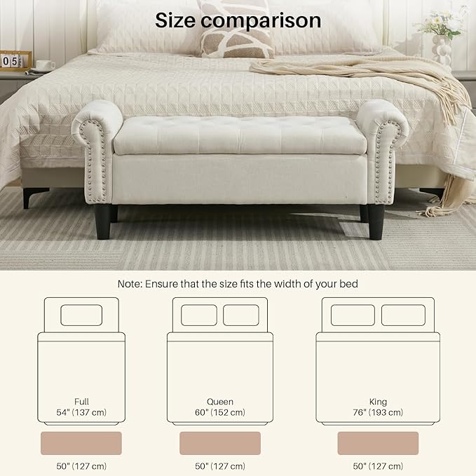 SOFTHION Storage Bench, 50" Queen End of Bed Bench, Linen Tufted Button Upholstered Bedroom Bench, Storage Ottoman with Rolled Arms, Window Bench with Storage, for Living Room, Entryway Beige