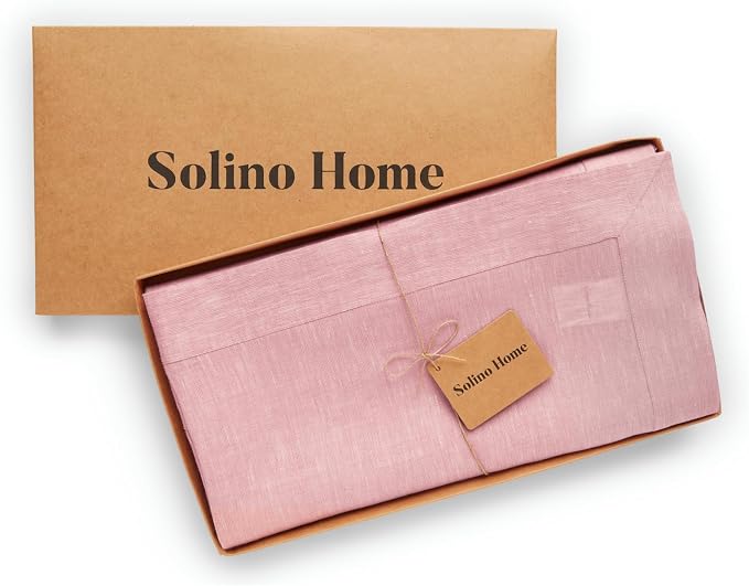 Solino Home Linen Tablecloth 60 x 120 Inch - 100% Pure Linen Bubblegum Pink Table Cloth for Rectangle Tables - Athena, Machine Washable Tablecloth for Summer
