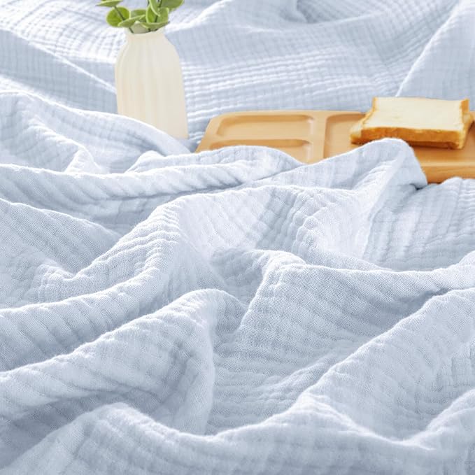 PHF 100% Cotton Muslin Blanket Queen Size 90"x90", 4-Layer Lightweight Gauze Throw, Breathable Cloud-Soft Minimalist Blanket for Bed, Couch, Camping, Ancient Water, Ideal Gift