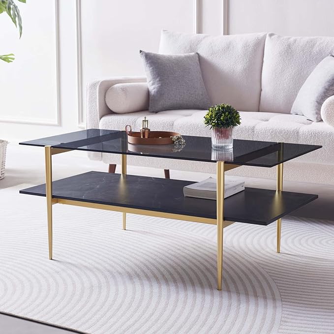 LumFurn Rectangle Coffee Table for Living Room, Mid-Century Modern Design, L41 x W21 x H17, 2-Tier Structure, Clear Glass Top and Black Marble Wood Shelf, Conical Metal Legs with Gold Finish