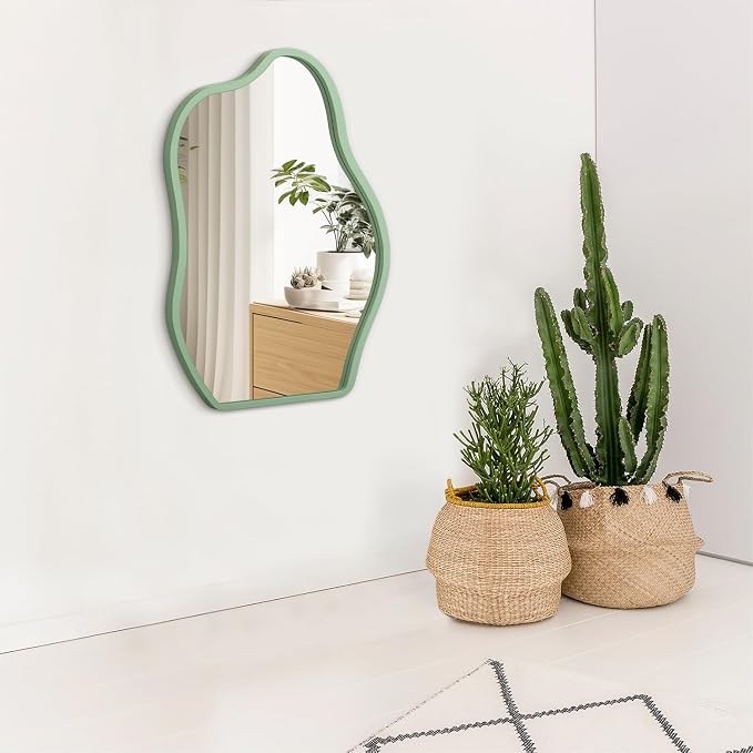 Asymmetrical Large Mirror Irregular Modern Mirror for Wall Decor Wooden Framed Hanging Wall Mirror Unique Shape Vanity Cloud Mirrors Decorative for Bedroom Bathroom Living Room Entryway