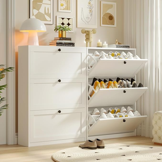 VOWNER Shoe Storage Cabinet with 3 Flip Drawers, Freestanding Shoe Cabinet with Adjustable Shelf & Anti-Tipping Device, Slim Shoe Rack for Entryway, Hallway, Living Room, White (White)
