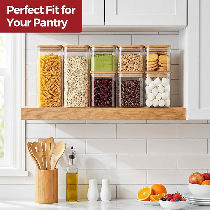 6-Pack Square Glass Pantry Storage Containers with Lids, Airtight Stackable Pantry Organization and Storage Set (1.9/1.2/0.6 Qt) for Snacks, Cereal & Coffee