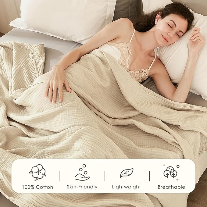 EMME Cotton Throw Blanket Large 50"x70" Gifts for Women 100% Muslin for Couch Breathable Gauze All Season Light Tan Soft and Lightweight Pre-Washed