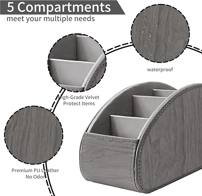 Remote Control Holder, Leather 5 Rooms Desk Organizer and Decorations for Living Room, Bedside Storage Remotes Caddy for TV Controllers/ Makeup Brush Pen/ Office Stationery/ Art Supplies/ Eyeglasses