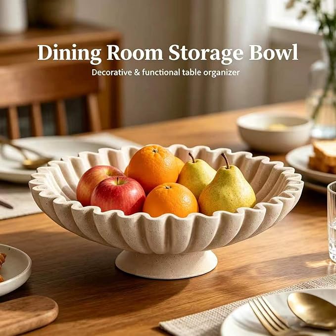 Large Resin Pedestal Decorative Bowl -9.5in Beige Decorative Fruit Bowl for Kitchen Counter, Matte Beige Bowls, Modern Decorative Centerpiece Bowl for Home Decor, Table Decor, Entryway Key