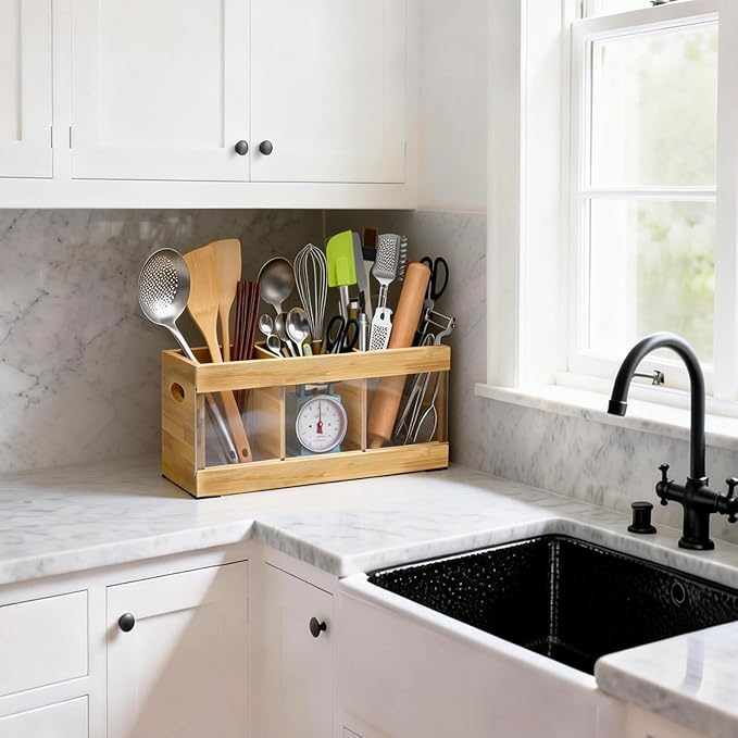 Farmhouse Bamboo Utensil Organizer - 6 Adjustable Compartments, Water-Absorbing Diatomaceous Earth Base for Kitchen Counter/Party (12.6" L x 4.8" W x 5.9" H)