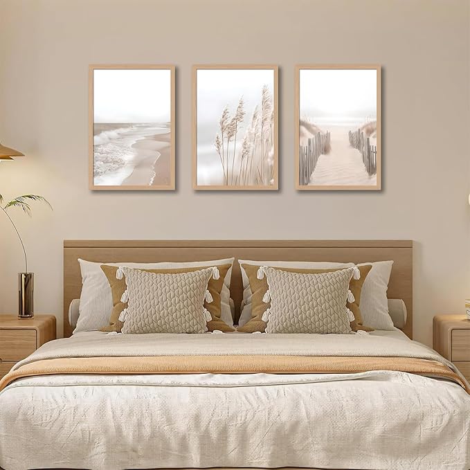 skysoon 3 Piece Neutral Beach Wall Art with Solid Wood Frame, Pampas Grass Boho Coastal Ocean Prints, Natural Wilderness Seascape Painting Set 16x24 Inch