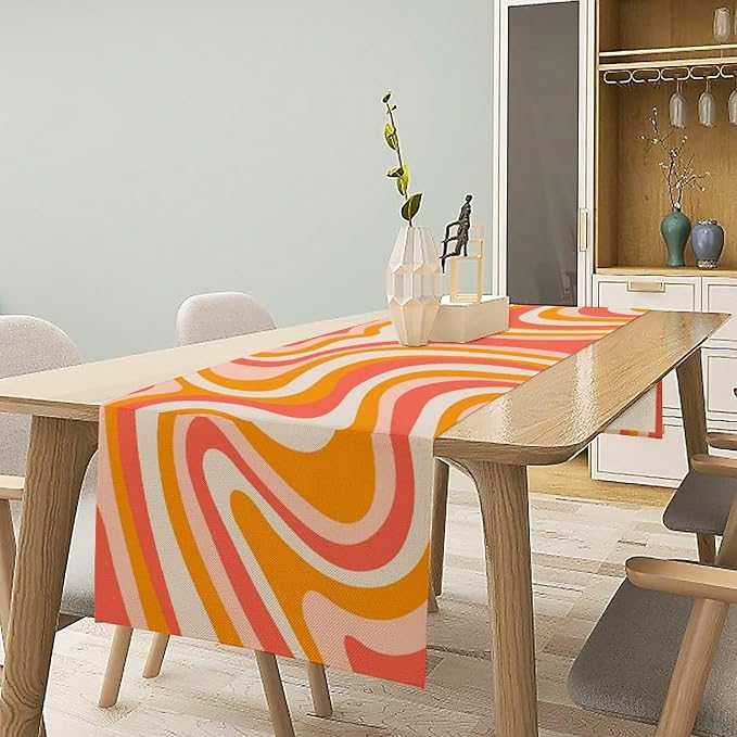 Retro 70s Groovy Table Runner Vintage Abstract Modern Art Boho Spiral Swirl Waves Farmhouse Country Dinner Runner for Home Kitchen Dining Table Party Holiday Decor 13"x70"