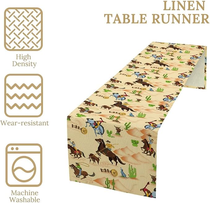 Western Table Runner, Cartoon Cowboy Horse Desert Adventure Rodeo Fun Table Runner for Kitchen Dining Party Picnic Decor, 13x70 Inch