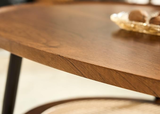 AGV LIGHTING Oval Coffee Table with Storage Shelf, 47" Mid Century Modern Coffee Table for Living Room, Walnut Wood Finish MDF Top with Rattan Shelf