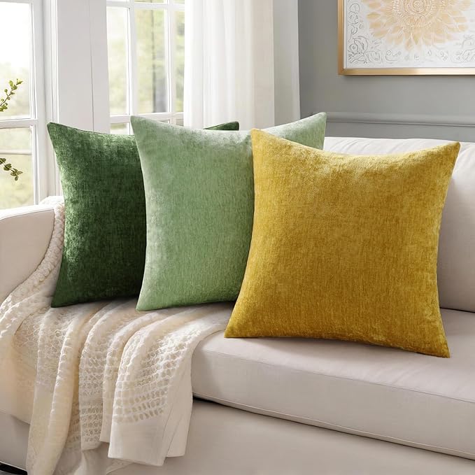 decorUhome Chenille Sage Green Summer Throw Pillow Covers 12x20 Inch Set of 2, Decorative Soft Couch Pillow Covers Solid Dyed Accent Farmhouse Neutral Rectangle Pillow Cases for Sofa