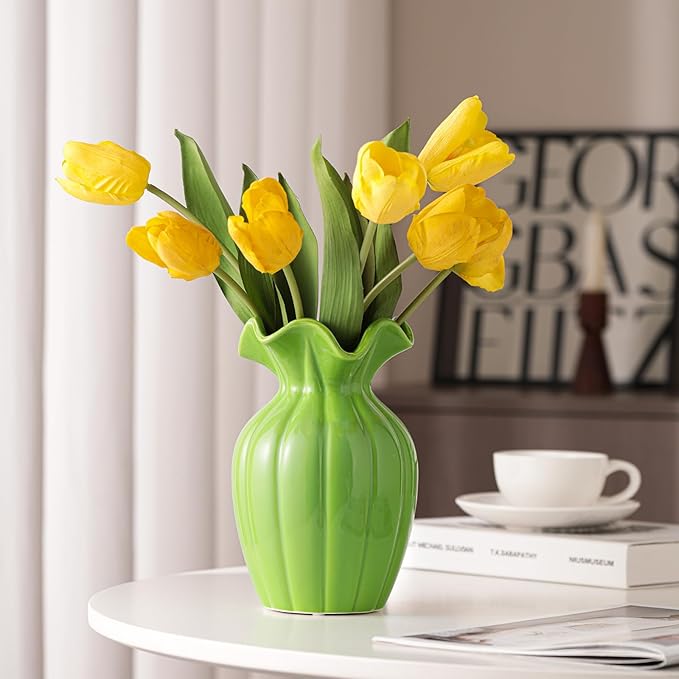 Seasonplan White Ceramic Vase, 8 Inch Flower Vase Home Decor Modern Decorative Vases for Bouquet, Unique Vases for Farmhouse Living Room Cabinet Table Centerpieces Wedding Decorations (Green)