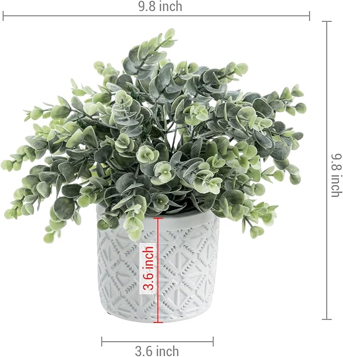 MyGift Artificial Eucalyptus Plant in Modern Gray Concrete Pots with Geometric Embossed Pattern (1, White)