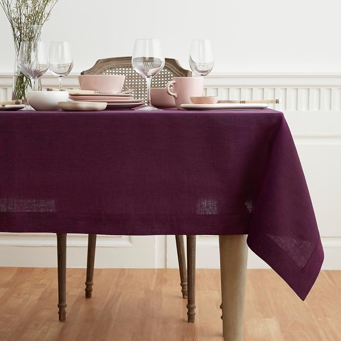 Solino Home Linen Tablecloth 60 x 108 Inch - 100% Pure Linen Chambray Burgundy Table Cloth for Rectangle Tables - Athena, Machine Washable Tablecloth