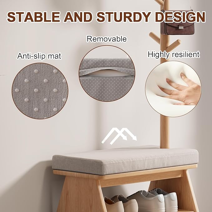 Coat Rack with Shoe Storage,Shoe Rack whit 8 Hook for Offices、Bedroom、Living Room,Small Shoe Bench, Natural