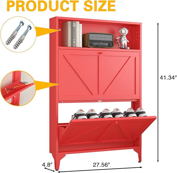 2 Flip Drawers Farmhouse Shoe Storage Cabinet with Barn Door, Shoes Rack Organizer Cabinet, Hidden Slim Storage for Entryway, Hallway, Living Room, Bedroom, Red