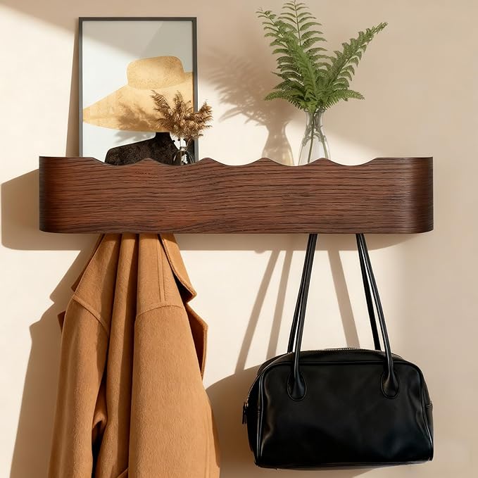 Coat Rack Wall Mount with Shelf Entryway Shelf Modern Key Holder Hanger Wall Shelves with Hidden Hooks for Hanging Towels Coats Hats Bags for Hallway Bathroom Bedroom(Wavy Walnut Color, 5 Hooks)