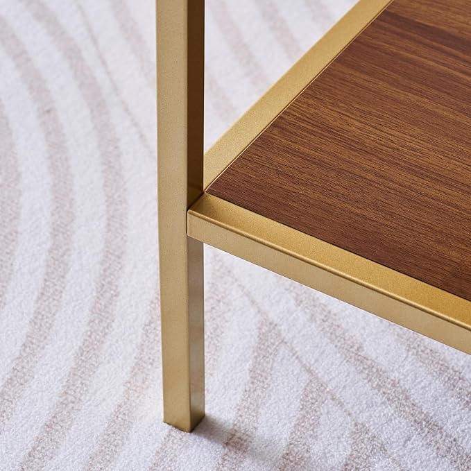 LumFurn Glass Coffee Table for Living Room and Bedroom, 2-Tier Mid-Century Modern Table with Amber Tempered Glass Top and Walnut Finish Wood Shelf, Metal Legs with Gold Finish