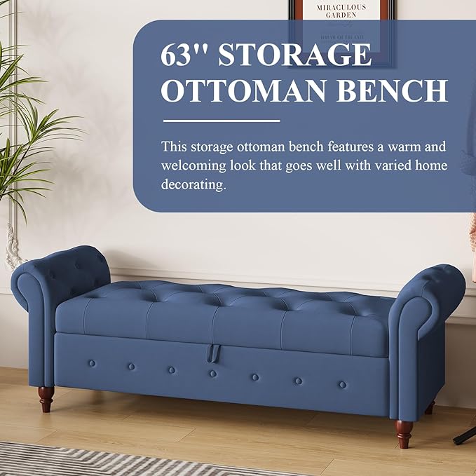 Modern 63'' Storage Ottoman Bench, Upholstered End Bed Bench with Curved Armrest, Button Tufted Entryway Bench with Wood Legs, Bed Bench for Bedroom, Living Room, Hallway (Navy Blue)