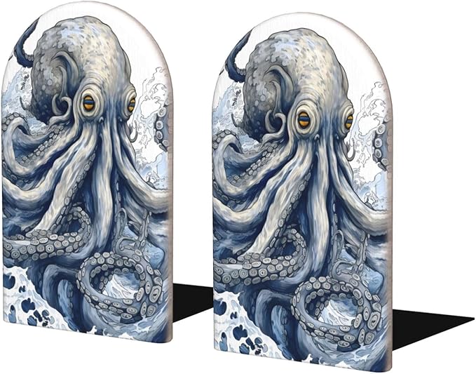 Fantasy Sea World Adventure Kraken Octopus Monster Wood Book Ends for Shelves, Non-Skid Bookends for Office, Library, and Home Decor, 1 Pair