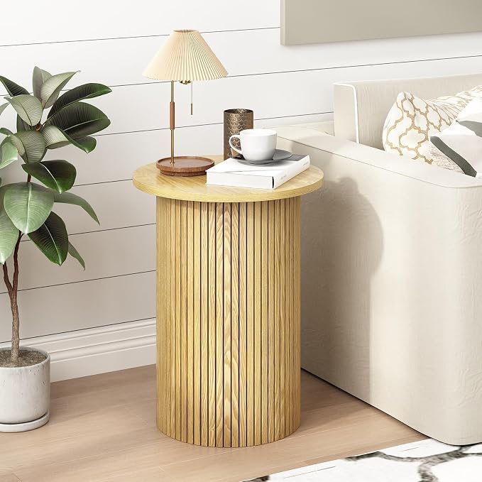 Wnutrees Round Fluted End Table, Small Accent Pedestal Side Table, Wood Fluted Nightstand Bedside Table for Living Room, Handcrafted Finish, Natural, 2Pack