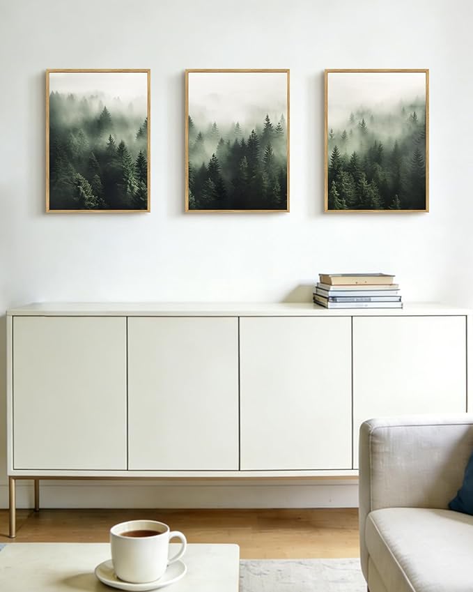 PHOPAGO Green Fog Pine Tree Framed Wall Art Nature Misty Nordic Forests Artwork Morden Paints for Living Room Hallway Decor - 12x16in Natural Framed