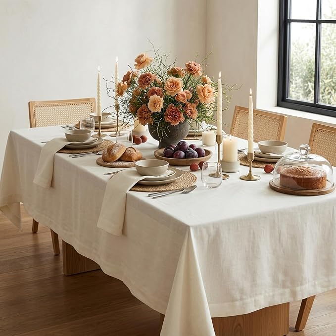 Solino Home Linen Ivory Tablecloth 60 x 108 Inch - 100% Pure Linen Rectangular Tablecloth - Machine Washable Table Cloth for Summer - Fete