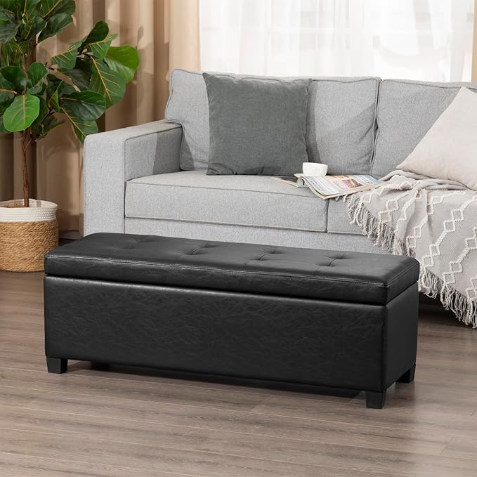 Homebeez 42" Faux Leather Storage Ottoman,End of Bed Bench,Upholstered Ottoman Bench with Storage for Living Room,Bedroom,Entryway