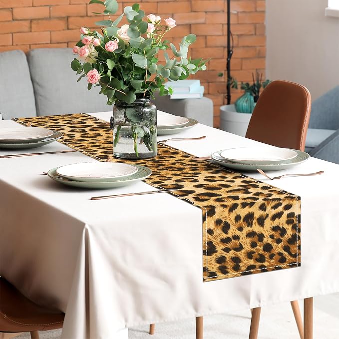 Linen Leopard Print Table Runner 13x71 Inch Farmhouse Western Leopard Decor Runners Table Decorations Rustic Coffee Table Runner for Home Kitchen Dining Room