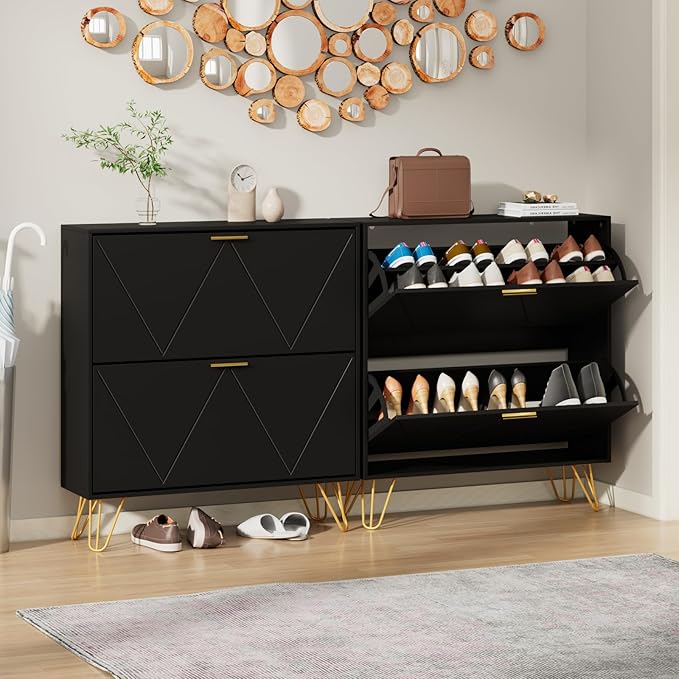 CARPETNAL Shoe Cabinet for Entryway Slim, Black Shoe Storage Cabinet with 2 Flip Drawers, Narrow Shoe Rack Cabinet, Freestanding Shoe Cabinet Organizer with Metal Handle and Legs for Entryway, Hallway