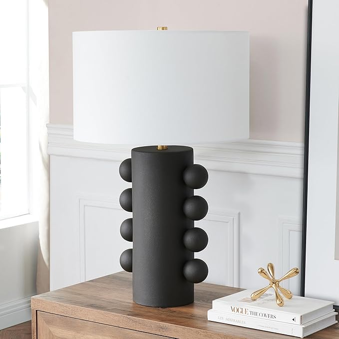 Henn&Hart 27" Modern 1-Light Ceramic Table Lamp with White Fabric Drum Shade and Spherical Side Orbs for Living Room, Bedroom, or Office, Flat Black