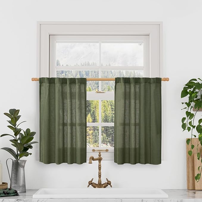 LAMIT Semi Sheer Short Linen Curtains 36 Inch Length 2 Panels, Light Filtering Panels Back Tab and Rod Pocket Neutral Drapes for Kitchen/Loft Room, Olive Green, 25 x 36 Inch
