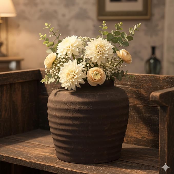 Lvases Textured Ceramic Flower Vase, Rustic Farmhouse Decorative Vase for Living Room, Coffee Table Centerpiece for Home, Office & Kitchen Decor, Brown