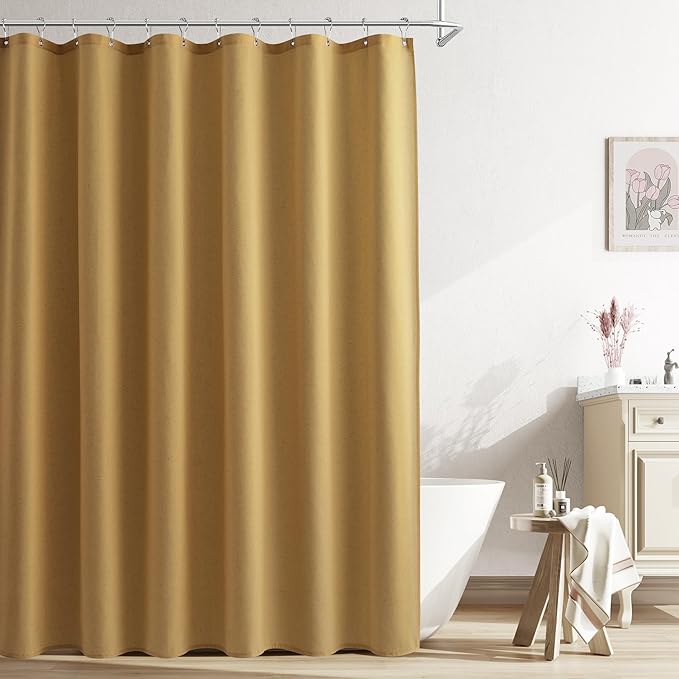 Naturoom Gold Linen Shower Curtain, Country Boho Farmhouse Bath Decor Shower Curtains Neutral Cloth Weighted Textured Fabric Bath Curtain with Hooks, 72x72