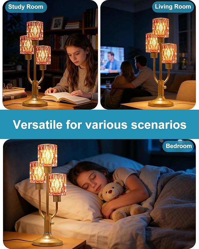 Lightdot Mid Century Glass Table Lamp Gold Dimmable Desk Lamp with Thickened Red Glass 3 Bulbs Included 3000K Warmwhite Farmhouse Nightstand Lamp for Living Room Bedroom Bedside