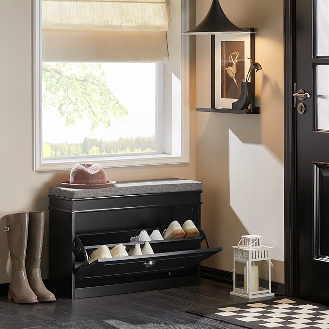 SoBuy Small Shoe Storage Bench, Black Narrow Shoe Cabinet for Entryway, Shoe Rack with Cushion&2 Tiers Flip-Drawer, Closet Hallway Mudroom FSR82-L-SCH