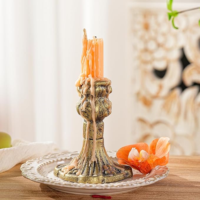 Sungmor Vintage Gold Cast Iron Candle Holder – 4.4" Tall Decorative Rustic Taper Candle Stand – Heavy Antique-Style Candlestick for Table Centerpiece, Fireplace Mantel, or Farmhouse Home Décor
